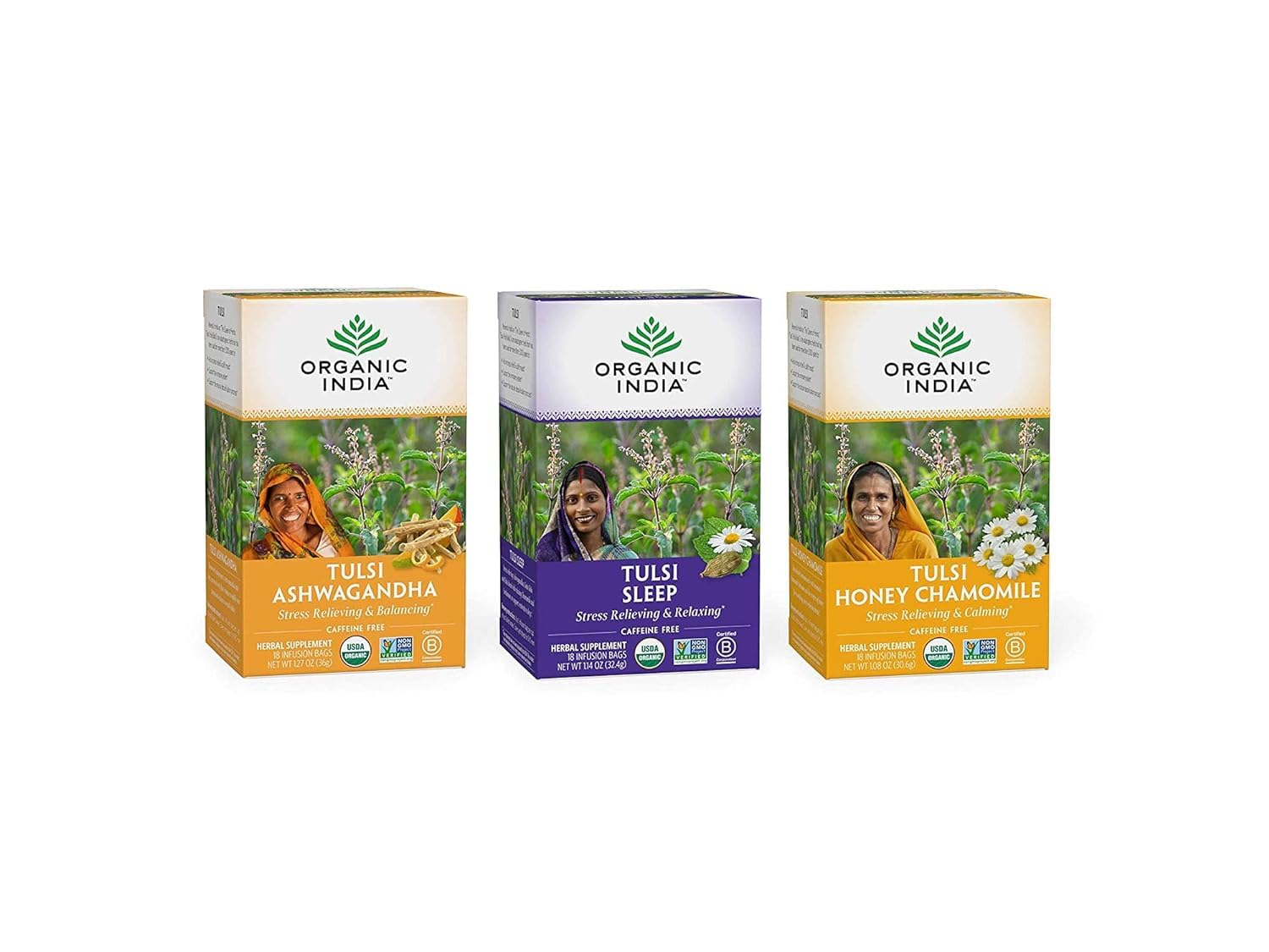 Organic India Calming Tulsi Herbal Tea Favorites - Ashwagandha, Honey Chamomile, Sleep - Holy Basil, Adaptogen, Vegan, Usda Cert