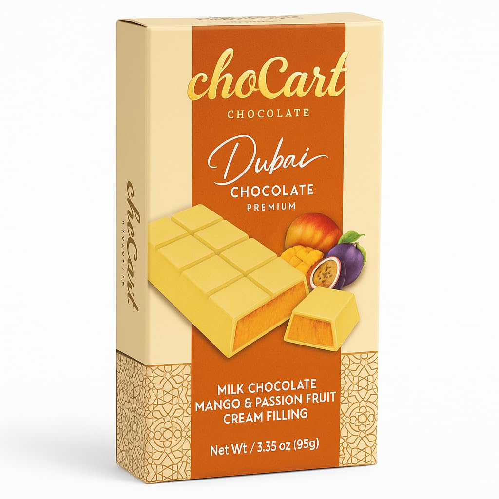Choccart Dubai Chocolate - Mango Milk Chocolate With & Passion Fruit Cream Filling - Exotic Handmade Dessert Bar In Elegant Gift Box (95G / 3.35 Oz)