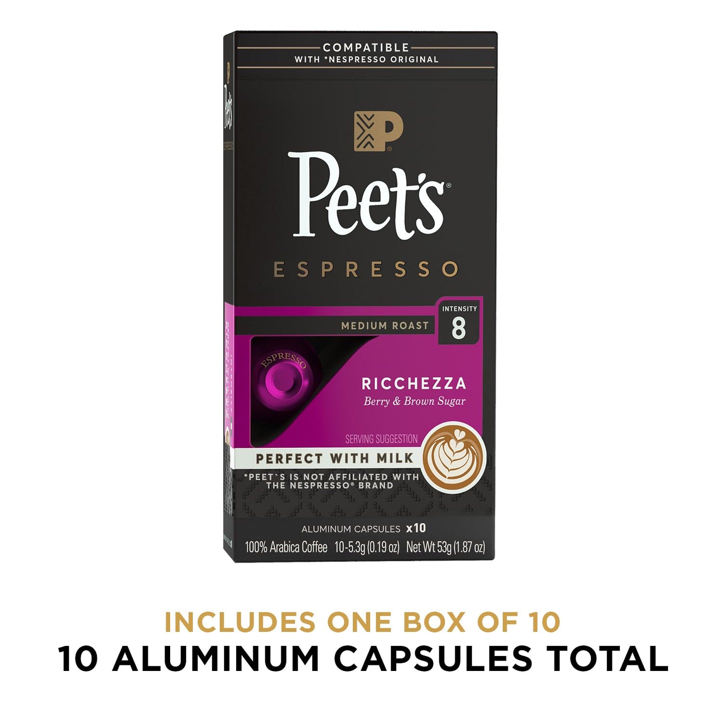 Peets Coffee Medium Roast Espresso compact pieces Compatible with Nespresso - Ricchezza, 10 Count, Model B07DDNLRCJ