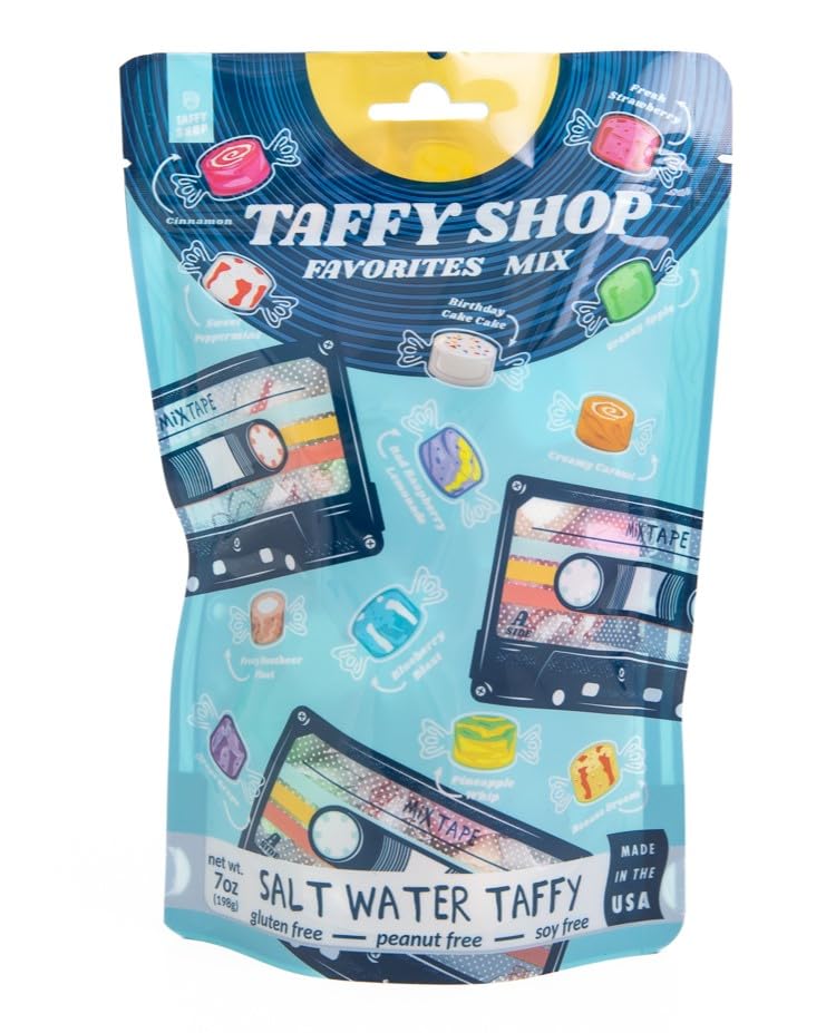 Taffy Shop "Favorites Mix" Salt Water Candy, Assorted Bulk Flavors Of Saltwater Taffy, Unique Themed Bag Of 25 Pieces Gourmet Salt Water Candy, Wedding Candy- Personal (7Oz)
