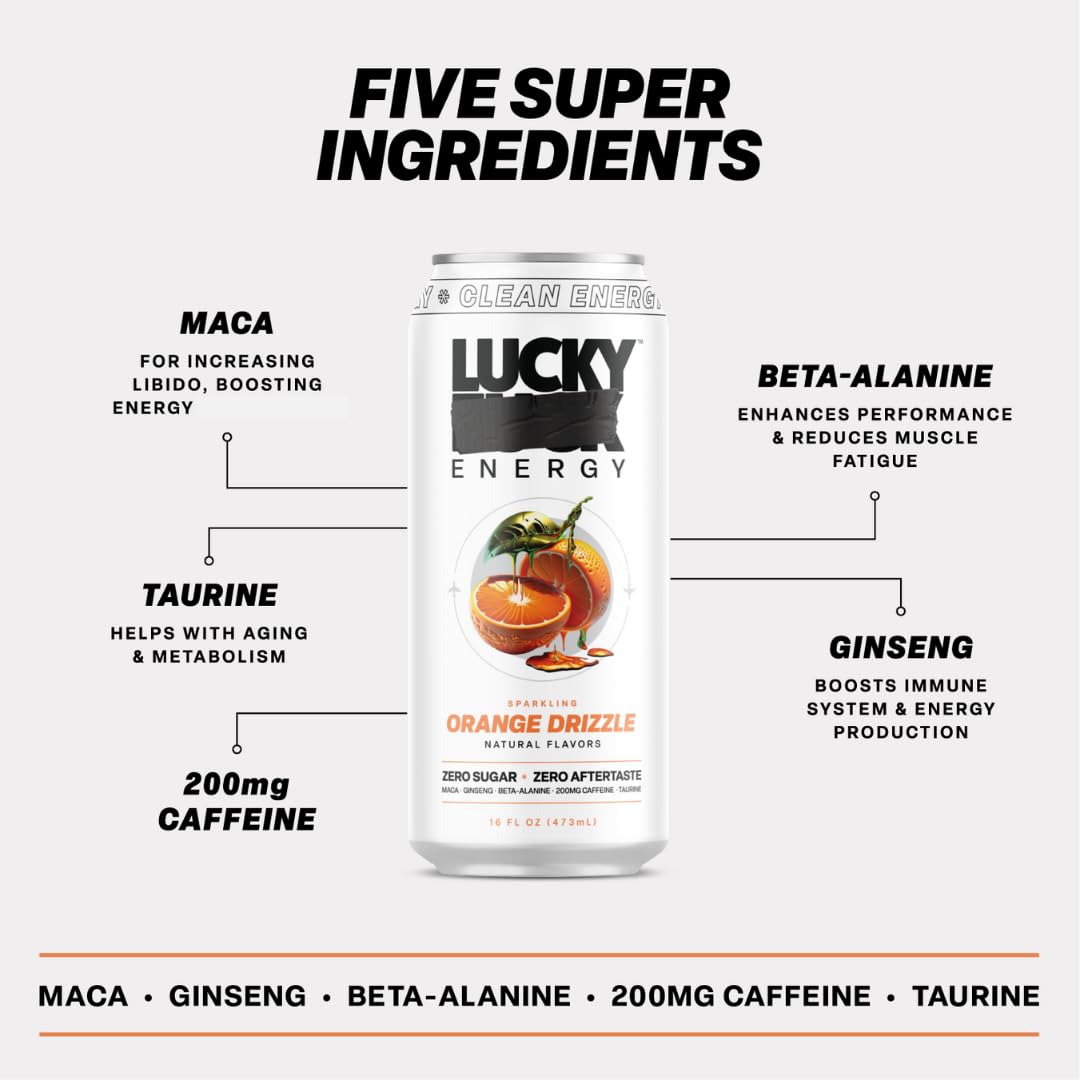 Lucky Energy Sugar Free Energy Drink, Orange Drizzle, 16oz Cans, 12-Pack, Zero Sugar, with Maca, Ginseng, and 200mg Caffeine
