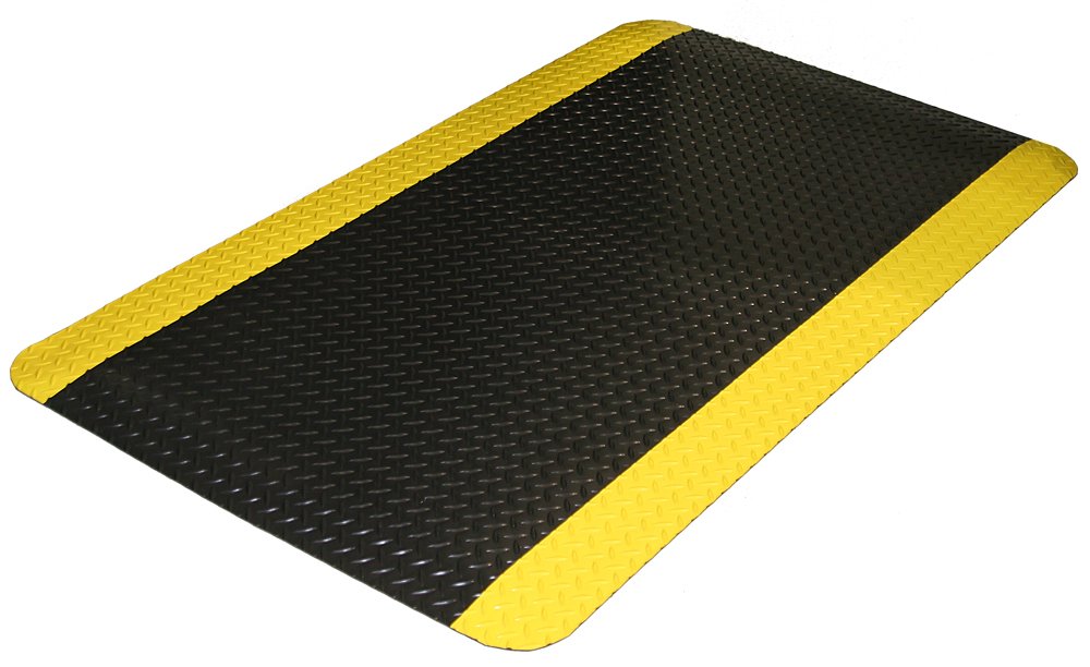Durable Vinyl Diamond-Dek Sponge Industrial Anti-Fatigue Floor Mat, 2' X 3', Black With Yellow Border