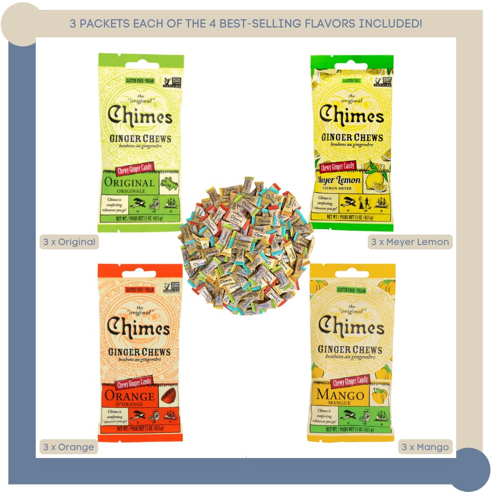Chimes Ginger Chews Variety Pack Of 12 Bundle - 3 Of Each Flavor (Original, Mango, Lemon, Orange) 18 Oz Total Low Calorie Vegan