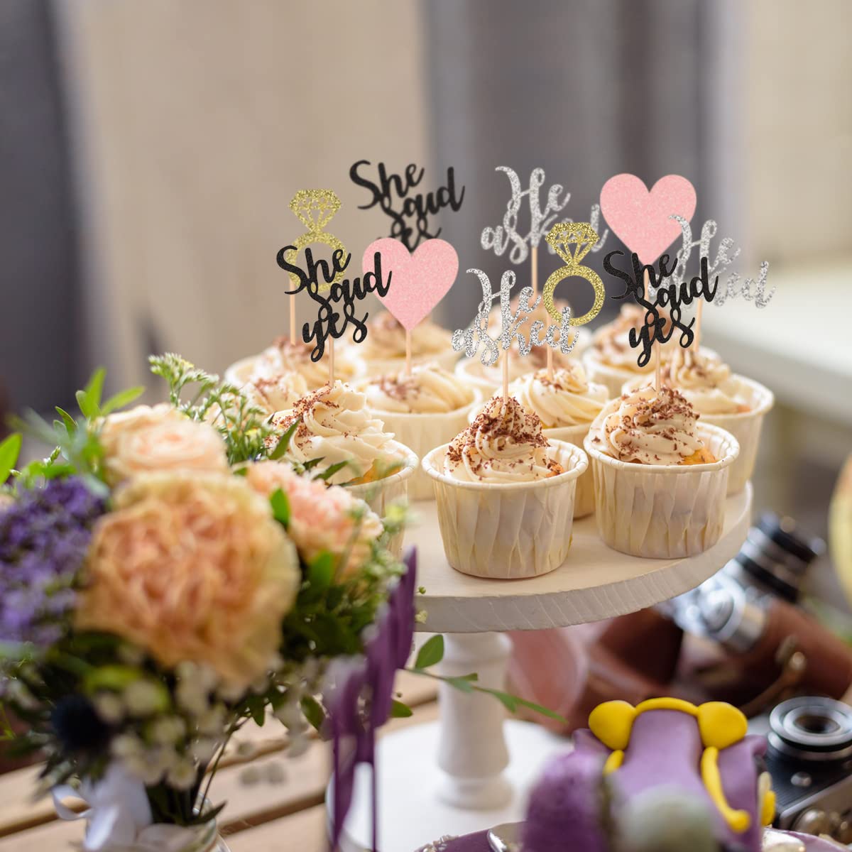 Donoter 24 Pieces Engagement Cupcake Toppers He Asked She Said Yes Diamond Ring Heart Cupcake Picks For Wedding Bridal Shower Pa