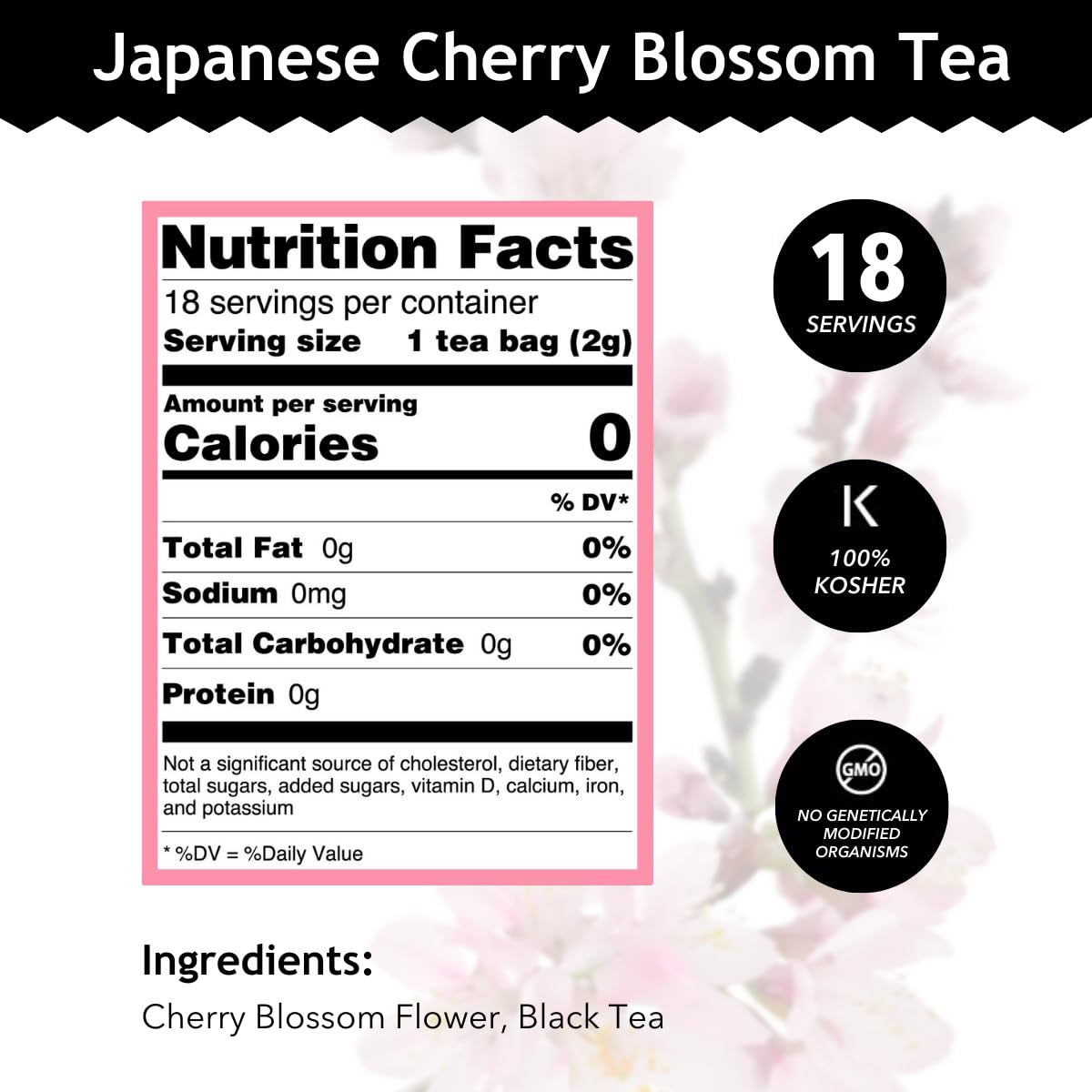 Buddha Teas Japanese Cherry Blossom Tea - 18 Bleach-Free Tea Bags, OU Kosher, 18 Count