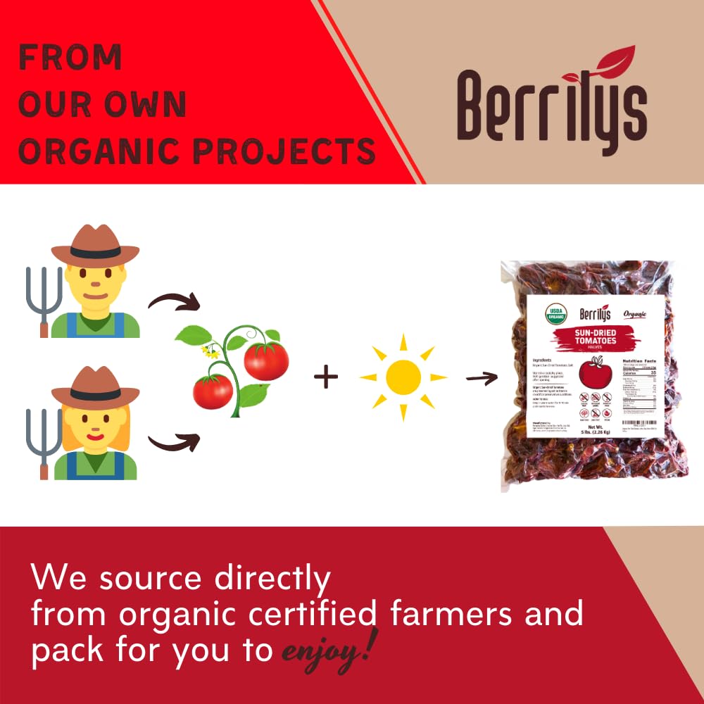 Berrilys Organic Sun-Dried Tomatoes, Salted, No Sulfur, No Preservatives, Kosher, Raw, Non-GMO, Great Ingredient for Baking and