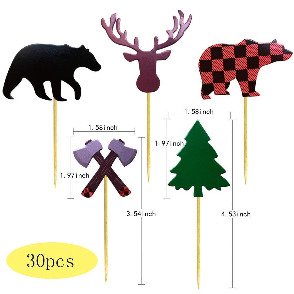 Alissar 30-Pack Lumberjack Cupcake Toppers, Buffalo Plaid Baby Bear Tree Cupcake Topper For Campfire Lumberjack Party Supplies B