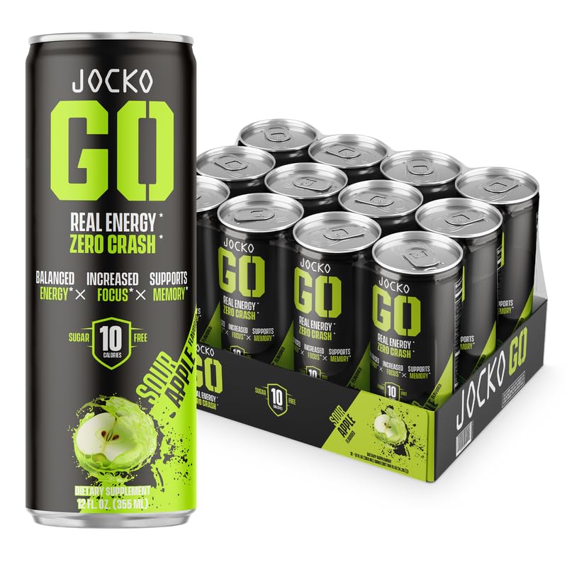 Origin Jocko GO Energy Drinks Sugar Free - KETO, Vitamin B12 & B6 - 12 Fl Oz (Pack of 12) - Sour Apple