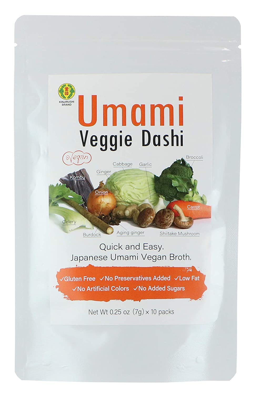Kinjirushi Umami Veggie Broth Soup Packet Dashi Powder 2.47Oz, (7G×10Pcs) Miso Soup, Kombu, Ramen Broth, Udon Noodles, Seasoning Packet, No Msg, Gluten Free, Umami Seasoning, Instant Dashi, Vegan Ramen, Shiitake Mushrooms, Dashi Stock