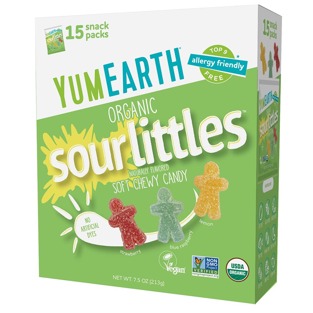 YumEarth Organic Sour Littles Chewy Candy - Allergy Friendly (Top 9 Free), No Artificial Dyes, Non GMO, Gluten Free, Vegan Candy