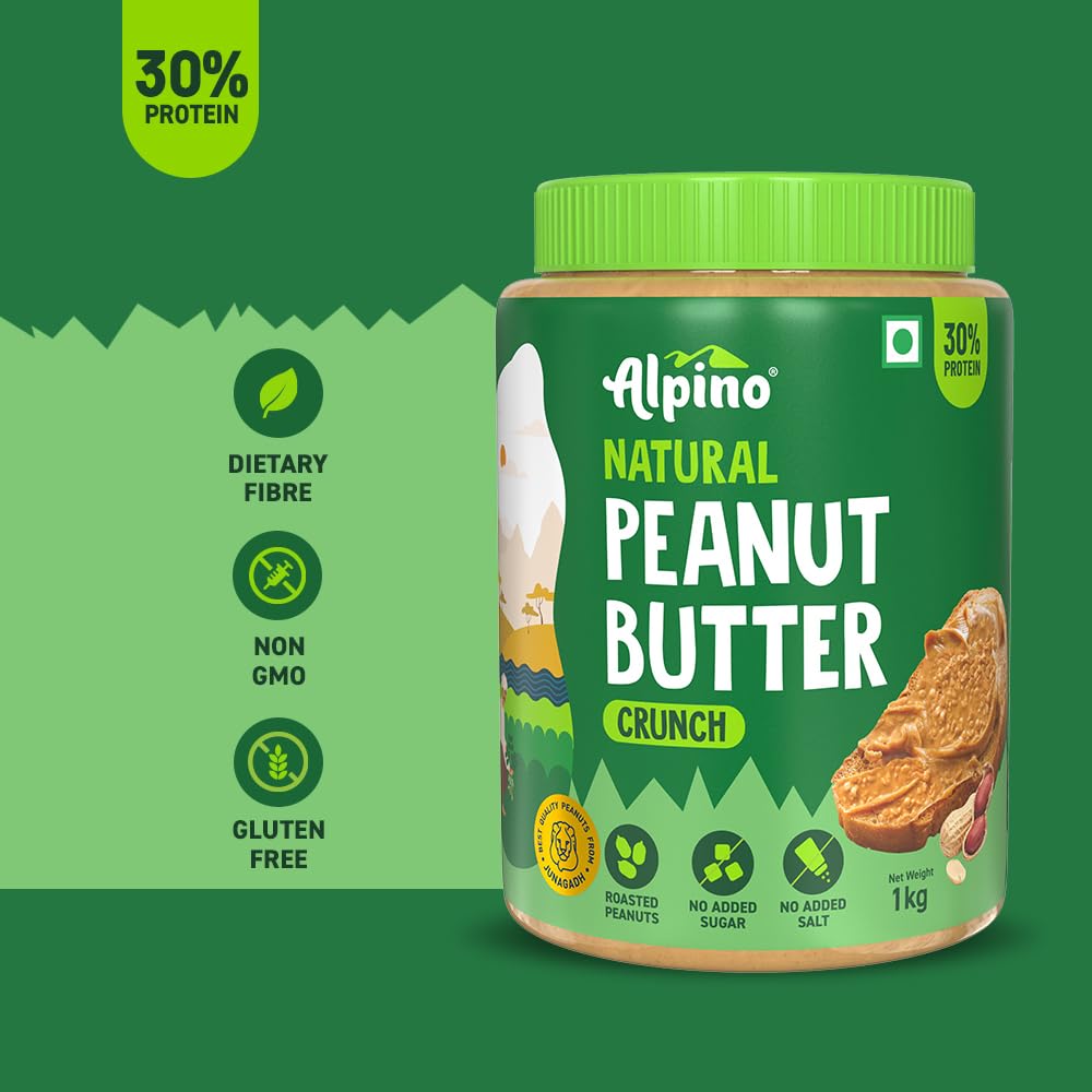 Alpino Natural Peanut Butter Crunch 1Kg - 100% Roasted Peanuts - 30G Protein, No Added Sugar & Salt, Non-Gmo, Gluten Free, Vegan
