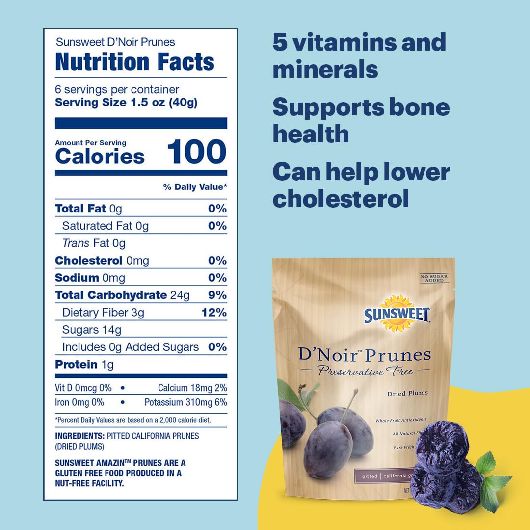 Sunsweet D'Noir Preservative Free Prunes - Prunes Pitted Unsweetened & Dried - Gluten Free, Vegan, Low Fat - Fiber & Minerals -