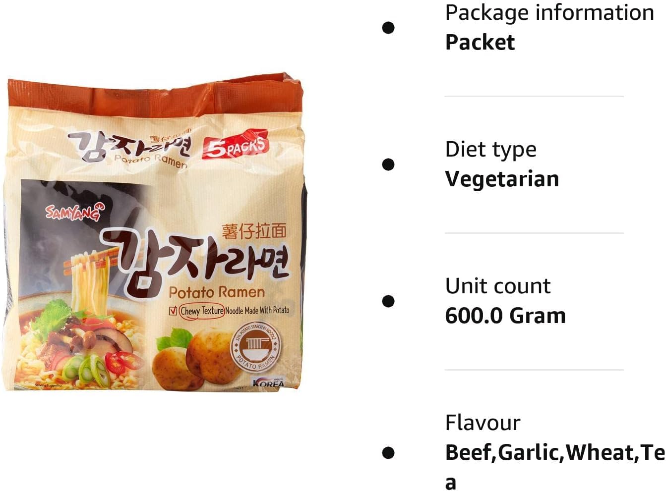 Samyang Ramen Korean Noodles, Variety Selection (삼양 라면) (Potato Ramen, 5 Pack), 4.23 Ounce