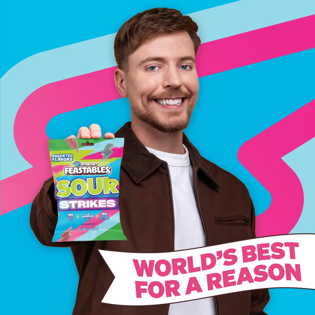 Feastables Mrbeast Strikes Sour Candy  Mixed Gummies With Watermelon  Green Apple  Strawberry  and Raspberry Flavors  Candy for mature-themeds & Kids as Snacks or Dessert  Made With Fairtrade Sugar  12CT