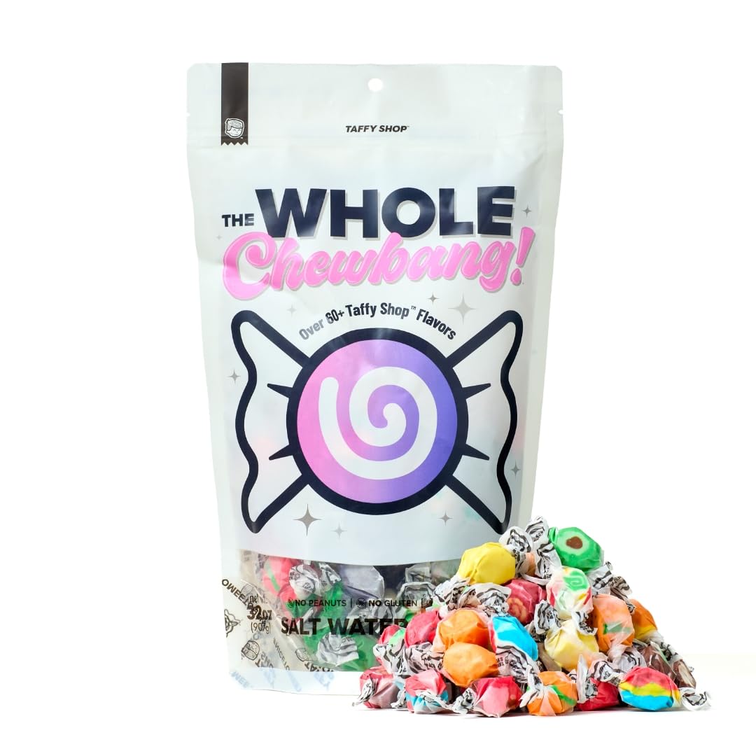 Taffy Shop, The Whole Chewbang, Assortment Of 60+ Flavors -Salt Water Taffy– Gourmet Soft Chewy Candy, Bulk Sweet Snack, Fresh Gift & Gluten-Free, 140 Individually Wrapped Pieces (32Oz)