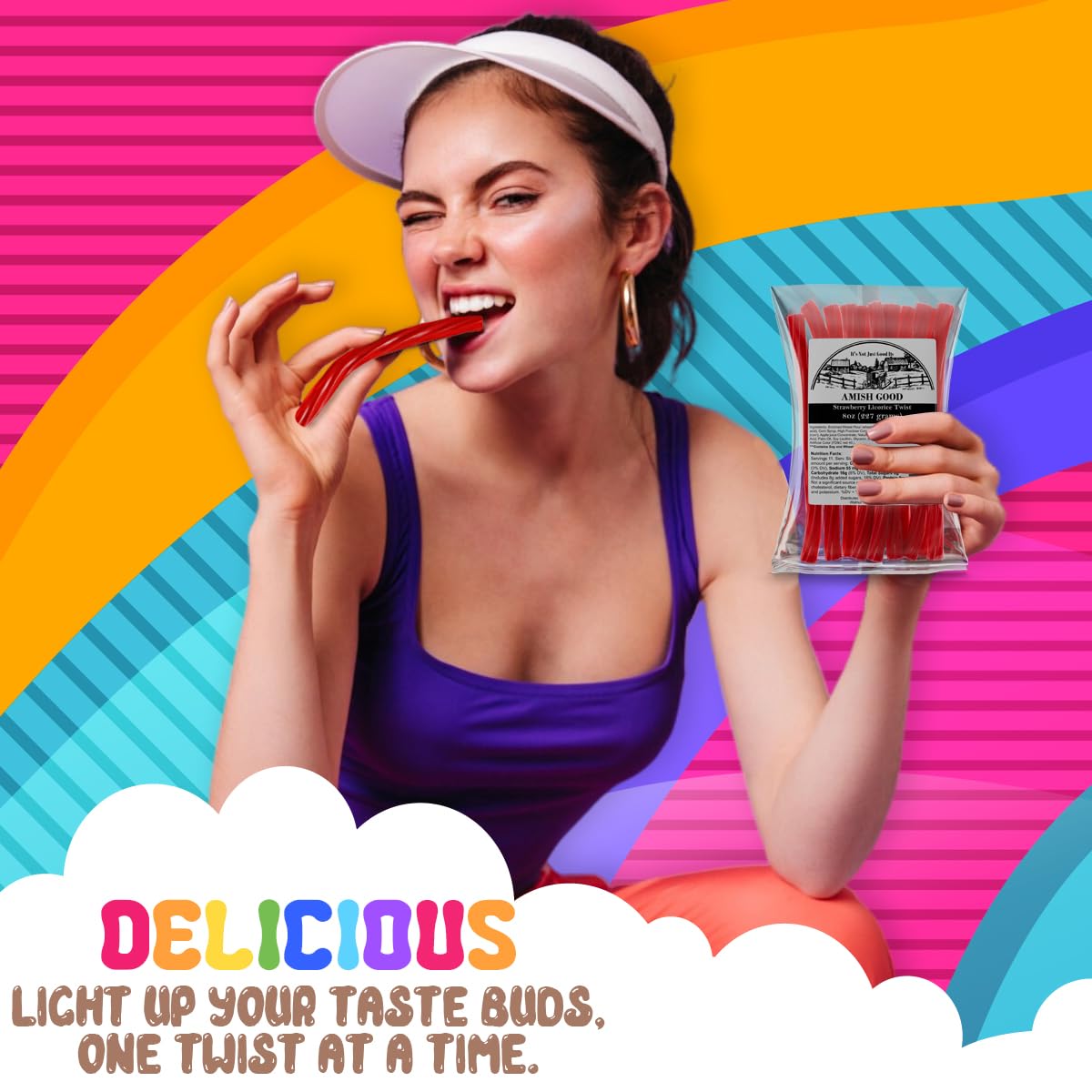 Amish Good Gourmet Licorice Twist Candy - Enhanced Sweet & Chewy Treat, Strawberry Jumbo Licorice Twist Perfect Snack Under 100 Calories