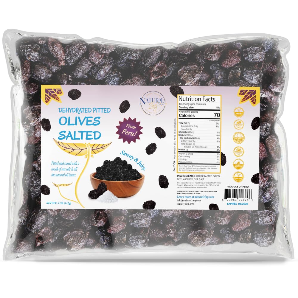 Natural Zing Pitted Peruvian Black Botija Olives - Hand Selected, Naturally Sea-Salt Cured, Low Temperature Dried 8 Oz