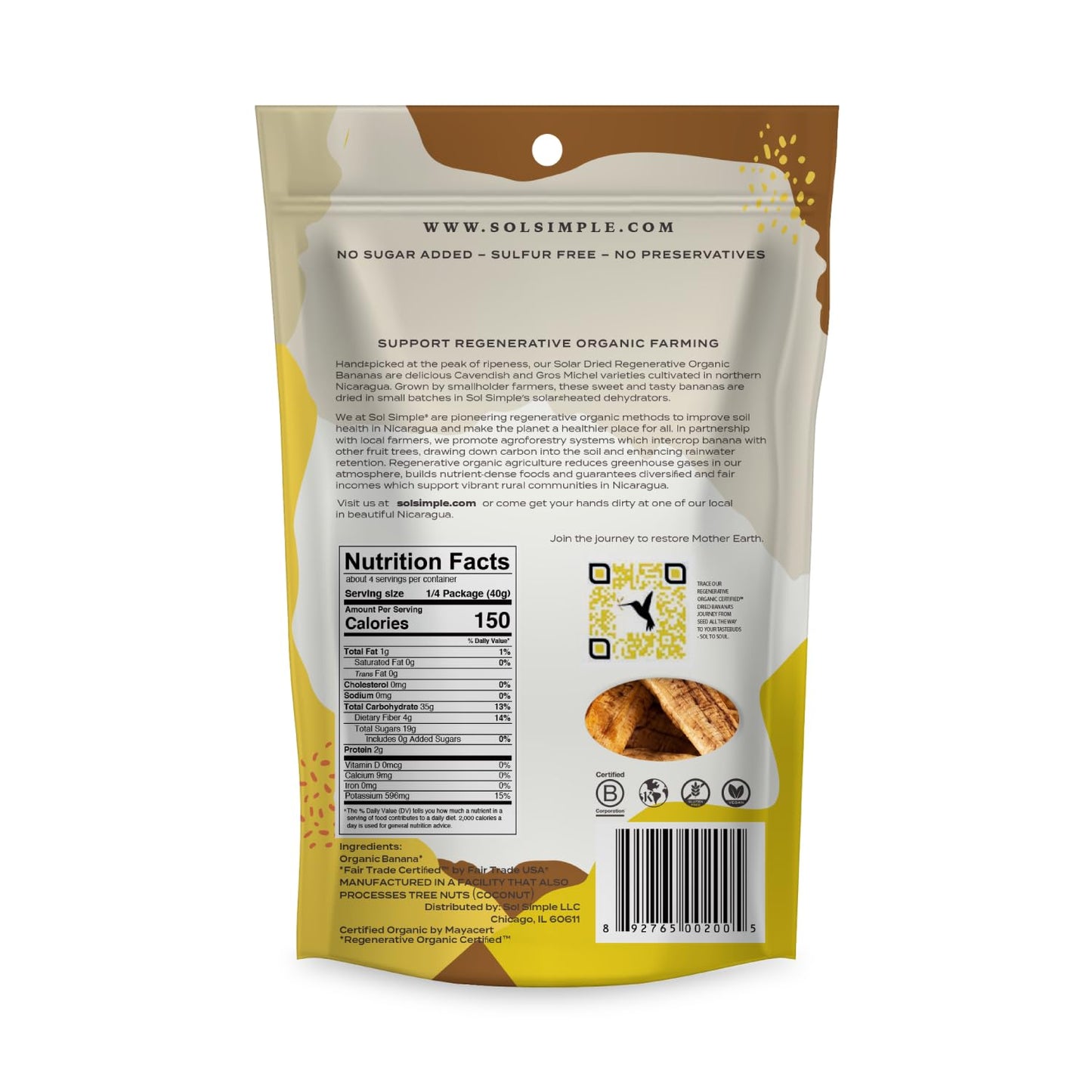 Sol Simple Regenerative Organic Certified, Dried Banana | 6Oz Snack Pack (2 Bags Total) | One Ingredient | Vegan | Non-Gmo | No Added Sugar | Fair Trade | Dried Fruit | Organic