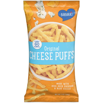 Barbara s Bakery Original Cheese Puffs, Cheddar Puff Kids Snack Made With Real Aged Cheddar and Blue Cheese, Gluten Free Snack,