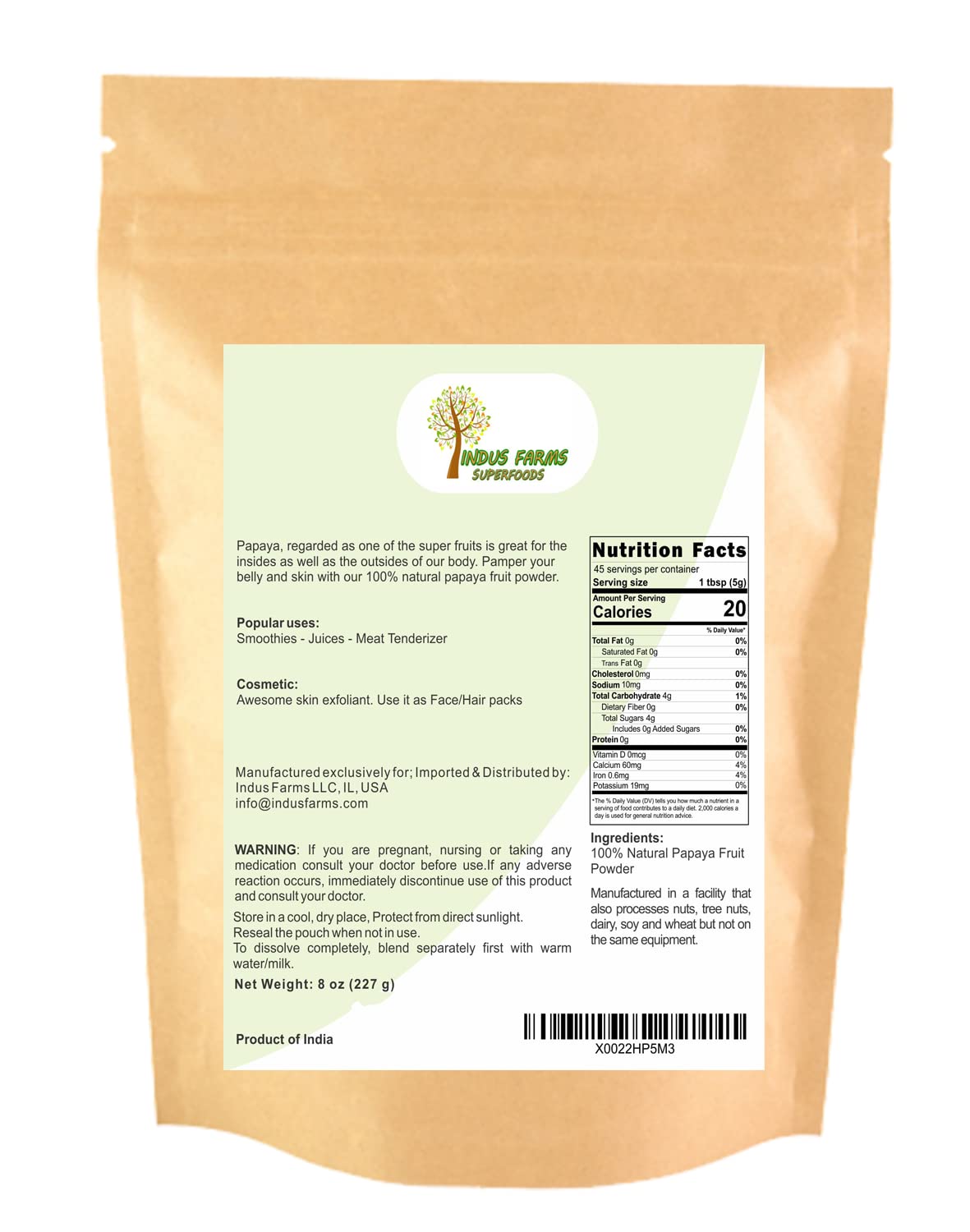 Indus Farms Superfoods Papaya Fruit Powder, Natural Papain Food Tenderizer, Use For Baking, Marinades, Sauces, Juices, Yogurts,