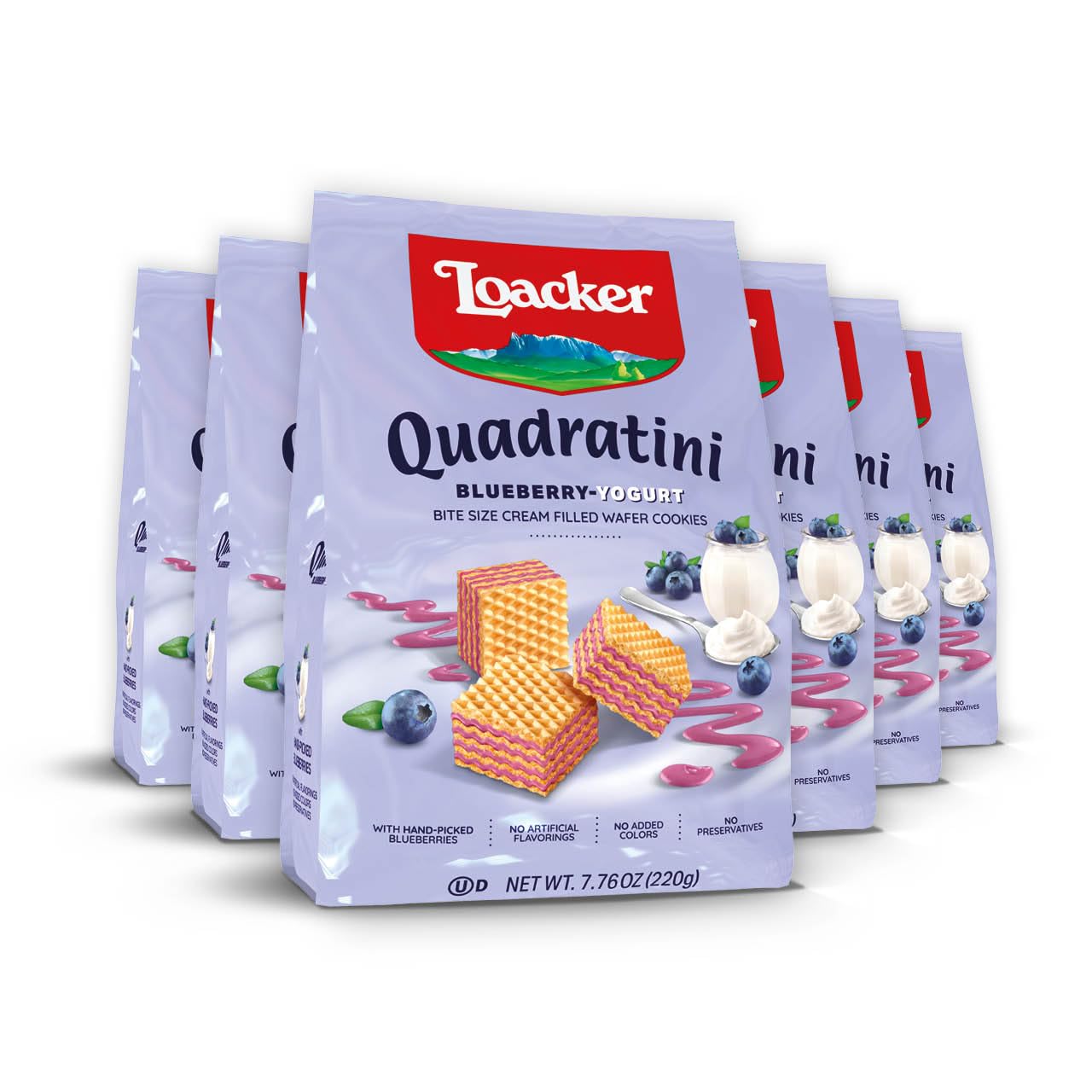 Loacker Quadratini Blueberry Yogurt Wafer Cookies - 30% Less Sugar - 7.76 oz (Pack of 6)