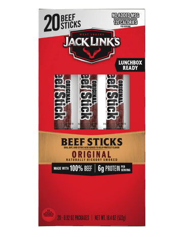 Jack Link's Beef Sticks, Original - Protein Snack, Meat Stick with 6g of Protein, Made with 100% Beef, Individually Wrapped Beef