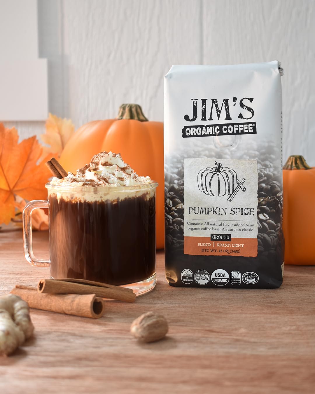 Jims Organic Coffee Pumpkin Spice Light Roast Ground Coffee 12 oz Bag Brown
