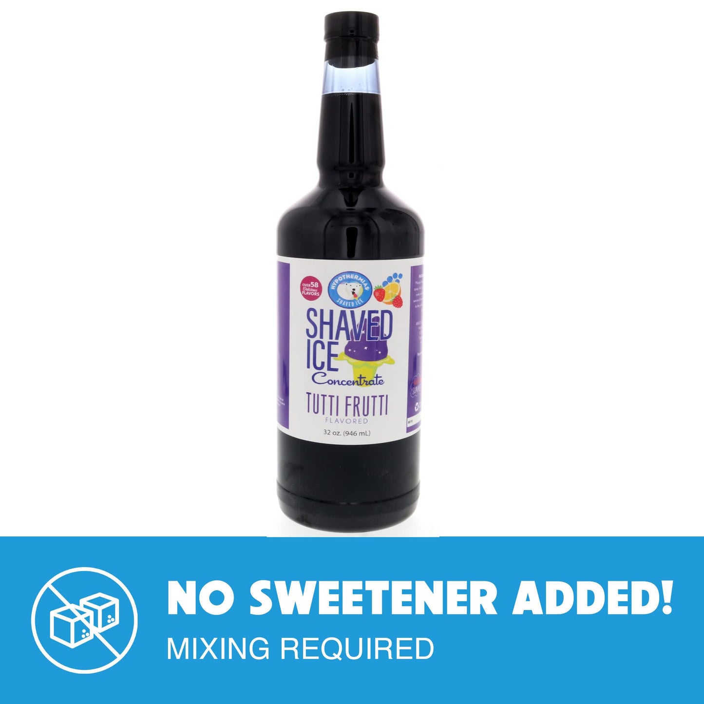 Hypothermias Shaved Ice Syrup Concentrate - Tutti Frutti Flavor - 32 Fl Oz - Makes 8 Gallons - Unsweetened, Requires Sweetener