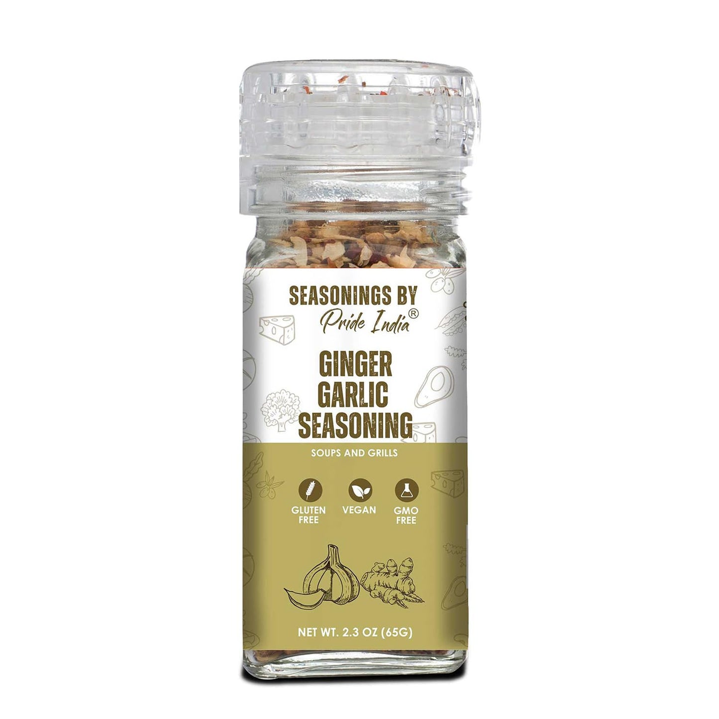 Pride of India Ginger Garlic Seasoning 2.3 oz Vegan Gluten Free with Grinder Cap - Yellow