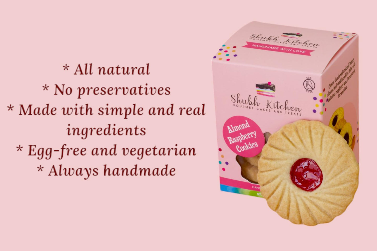 Shubh Kitchen Almond Raspberry Cookies - Gourmet Jam-Filled, Egg-Free & Vegetarian, 6 oz Pack, Handmade, Red & Light Brown