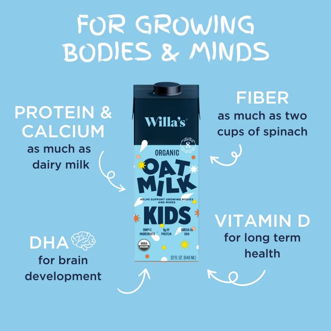 Willa s Organic Kid s Oat Milk Unsweetened with 8g Protein & 240g Calcium  Plant-Based Milk for Kids  Dairy-Free  Low Sugar  2g Fiber - 32 oz  6 Pack