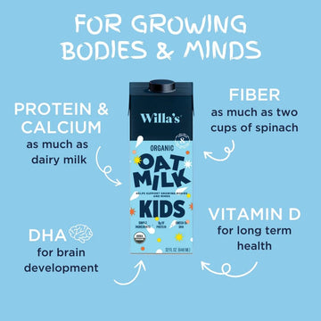 Willa s Organic Kid s Oat Milk Unsweetened with 8g Protein & 240g Calcium  Plant-Based Milk for Kids  Dairy-Free  Low Sugar  2g Fiber - 32 oz  6 Pack