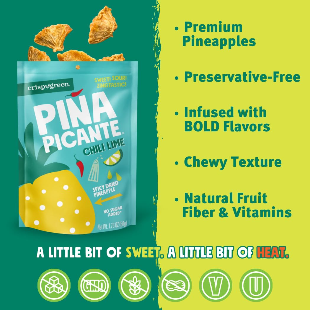 Crispy Green Pia Picante, Chili Lime Dried Pineapple, Healthy Real Fruit Snacks, 1.76 Ounce, 12 Single Serve Bags