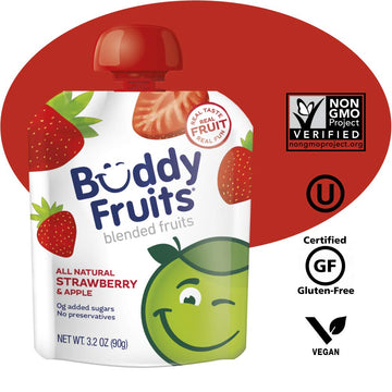 Buddy Fruits Snacks To Go Strawberry Unsweetened Applesauce 3.2Oz Pouch (18Pk) Gluten-Nut-Dairy-Preservatives-Bpa Free, Non Gmo,