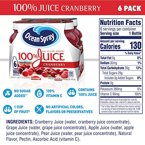 Ocean Spray 100% Juice Cranberry Juice Blend, 10 Fl Oz, 6 Count (Pack of 1)