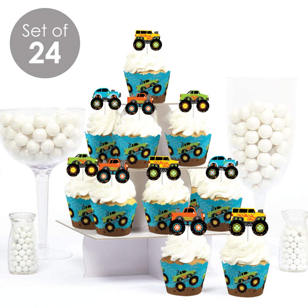 Big Dot of Happiness Monster Truck Cupcake Decoration Kit, Set of 24, Blue, Green, Orange, White, Model BT8111tpk