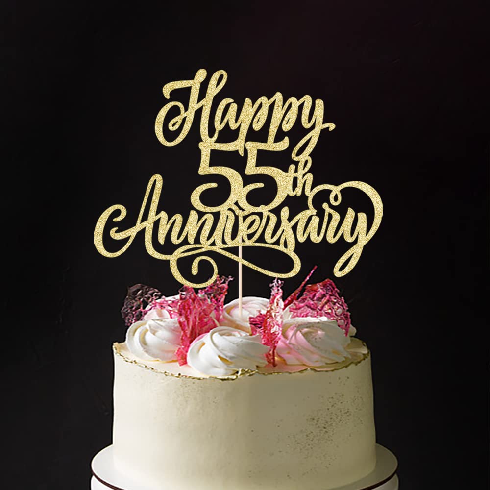 Arokippry Golden Glitter Happy 55Th Anniversary Cake Topper - For Wedding Anniversary/Company Anniversary Party / 55Th Birthday