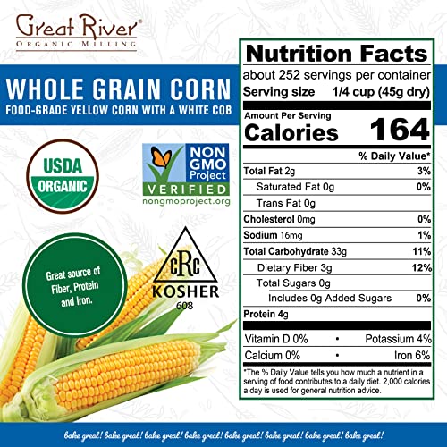 Great River Organic Milling Organic Whole Corn | Whole Grain Yellow Corn for Milling, Cooking & Baking | USDA Organic, Non-GMO,