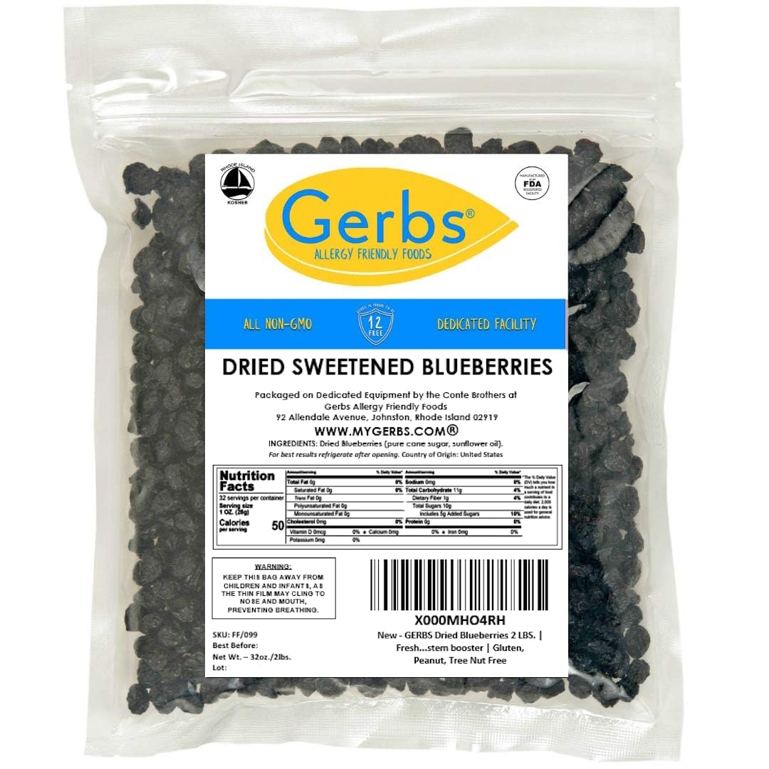Gerbs Dried Blueberries 2 lbs. | Unsulfured, No Additives, Resealable Bag | Naturally Sweet & Tart | Top 14 Allergen-Free