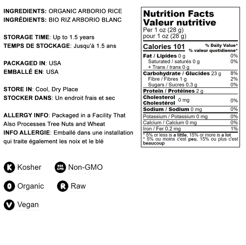Food To Live Organic Arborio Rice, 20 Pounds Non-Gmo, Short-Grain White Rice Variety, Superfino, Vegan, Kosher, Bulk. Creamy Tex