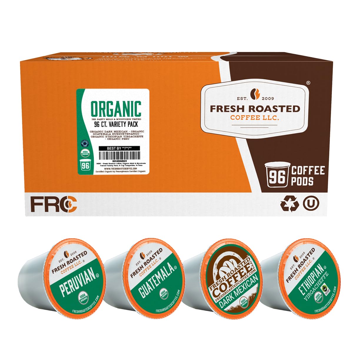 Fresh Roasted Coffee  Organic Mold & Mycotoxin 3rd Party Tested Variety Pack | USDA Organic  Kosher | K-Cup Compatible  96 Pods