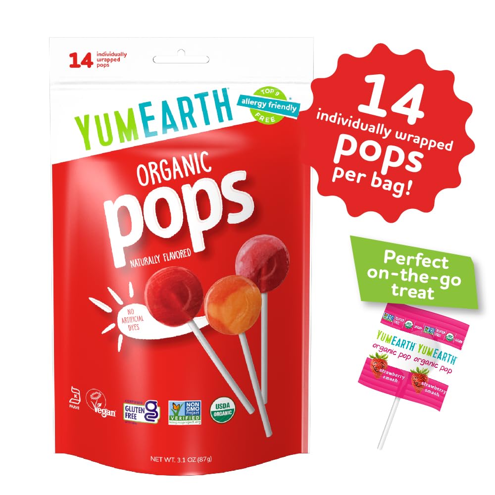 YumEarth Organic Pops Variety Pack, 14 Fruit Flavored Favorites Lollipops, Allergy Friendly, Gluten Free, Non-GMO, Vegan, No Art