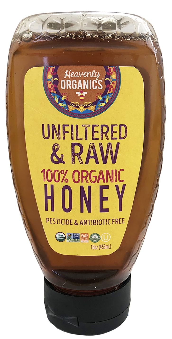 Heavenly Organics 100% Organic Raw Honey - Lightly Filtered, 16 Oz Squeeze, Dairy & Gluten Free, Fair Trade, Kosher