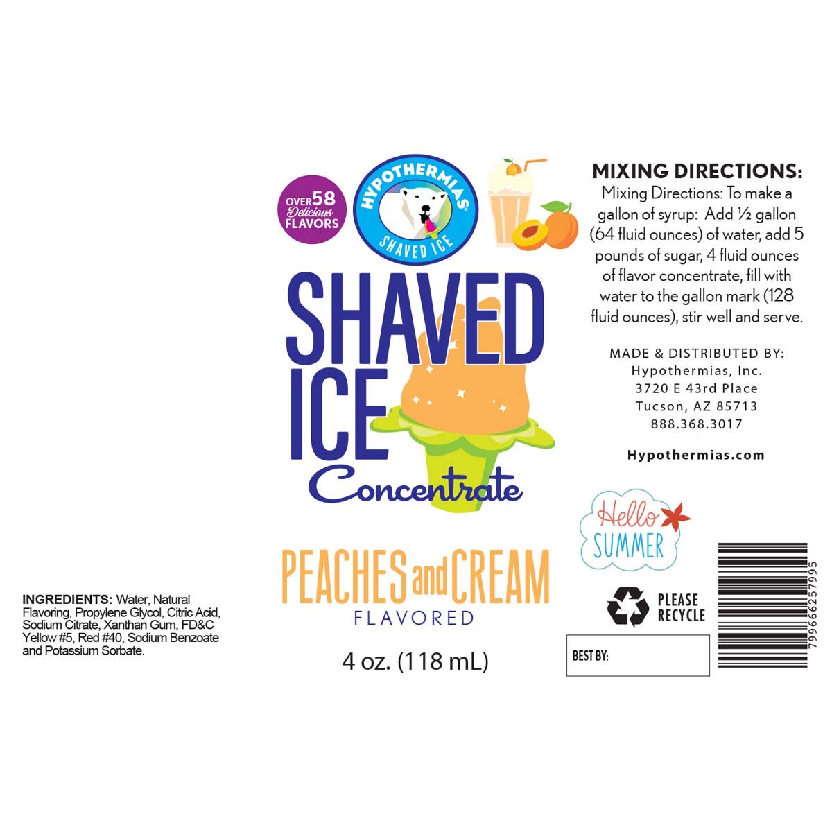 Hypothermias Shaved Ice And Snow Cone Syrup Unsweetened Flavor Concentrate - 4 Fl Oz - Makes 1 Gallon Of Ready To Use Syrup - Pe