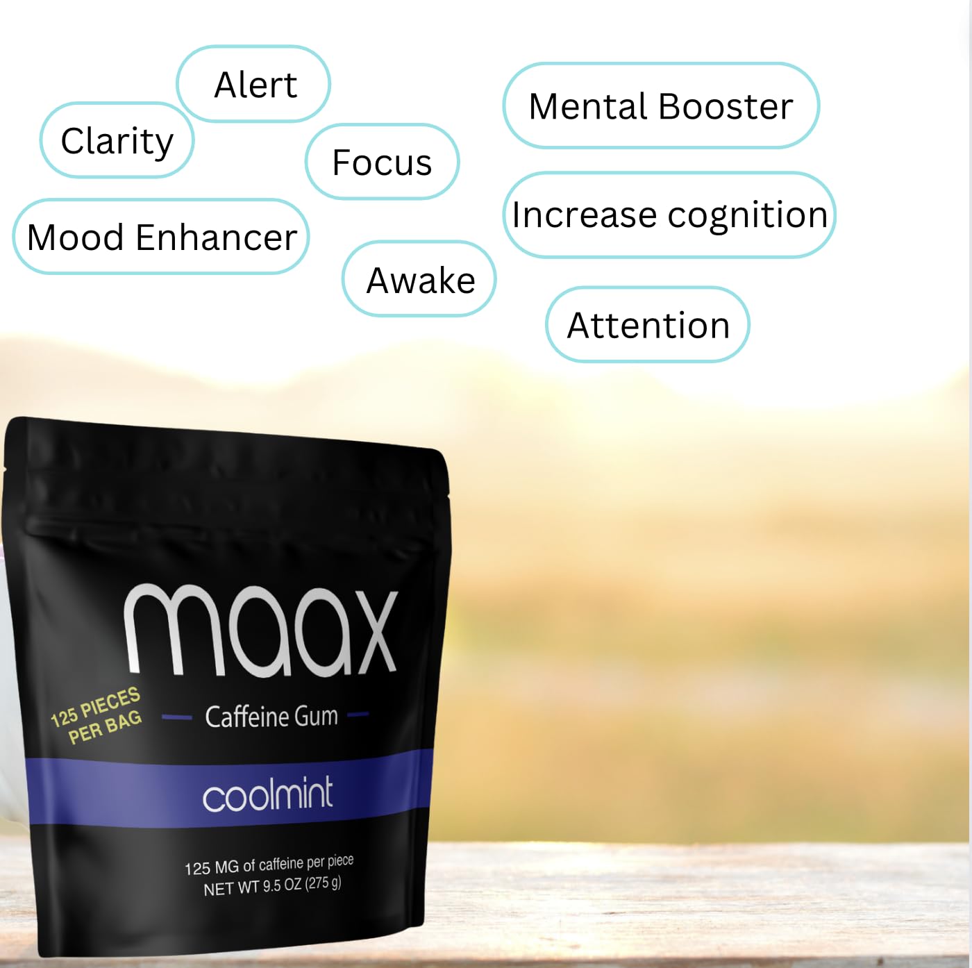 Maax Caffeine Energy Gum - Focus Gum, 125mg Caffeine per Piece, Coolmint, 1.9oz (Pack of 5), Blue