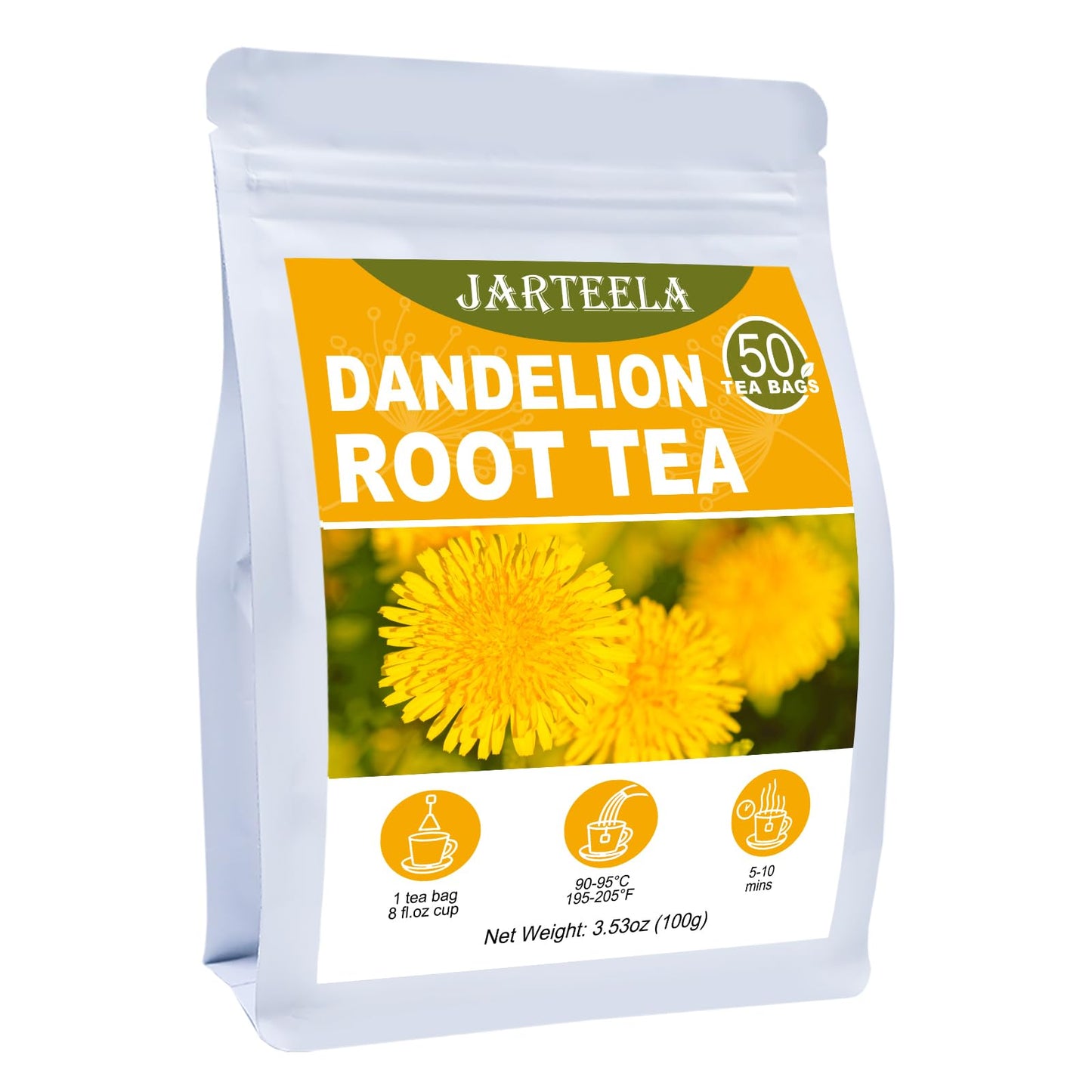 Jarteela Dandelion Root Tea - Caffeine-Free, Non-GMO - 50 Count Pyramid Bags
