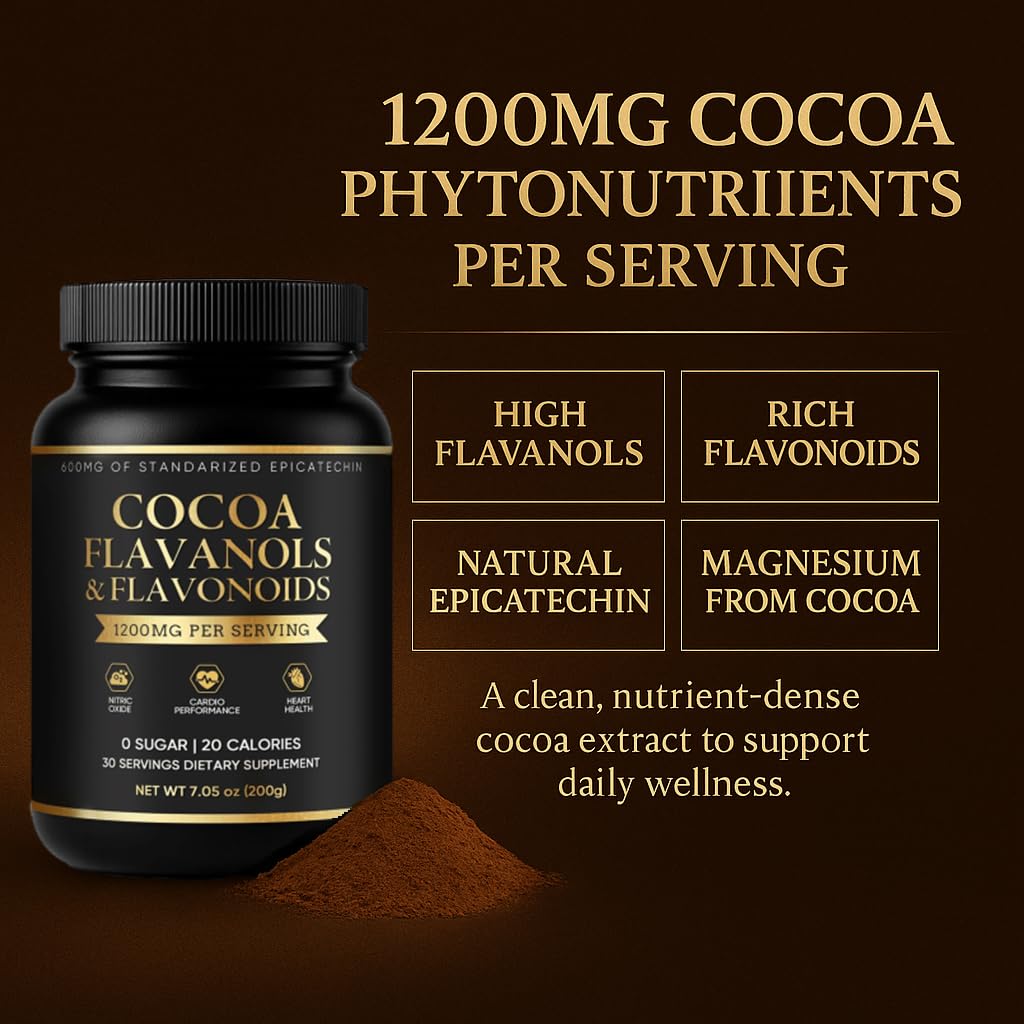 High-Flavanol Cocoa Powder dietary product -Rich in Natural Cocoa Flavonoids & Epicatechin Blend  Vegan  Non-GMO  No Sugar Added  Supports Daily Vitality & Heart Health  7.05 oz