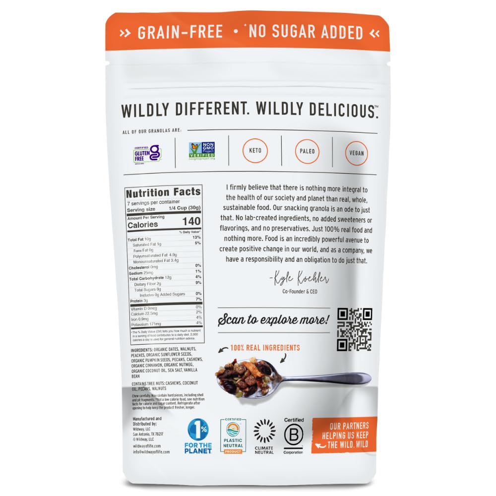 Wildway Keto Granola, Peach Pecan, Grain-Free, Vegan, Low Carb, 8 oz (Pack of 6)