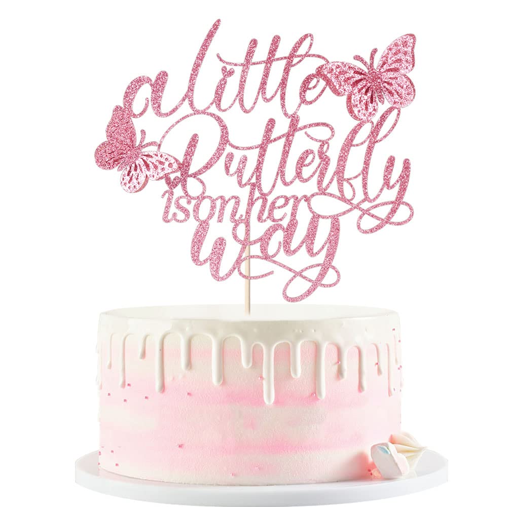 Kaoenla A Little Butterfly Is On Her Way Cake Topper - Maternity Use Announcement  Gender Reveal  Baby Shower  Newborn Welcome  Butterfly Themed Party Decorations (Pink)