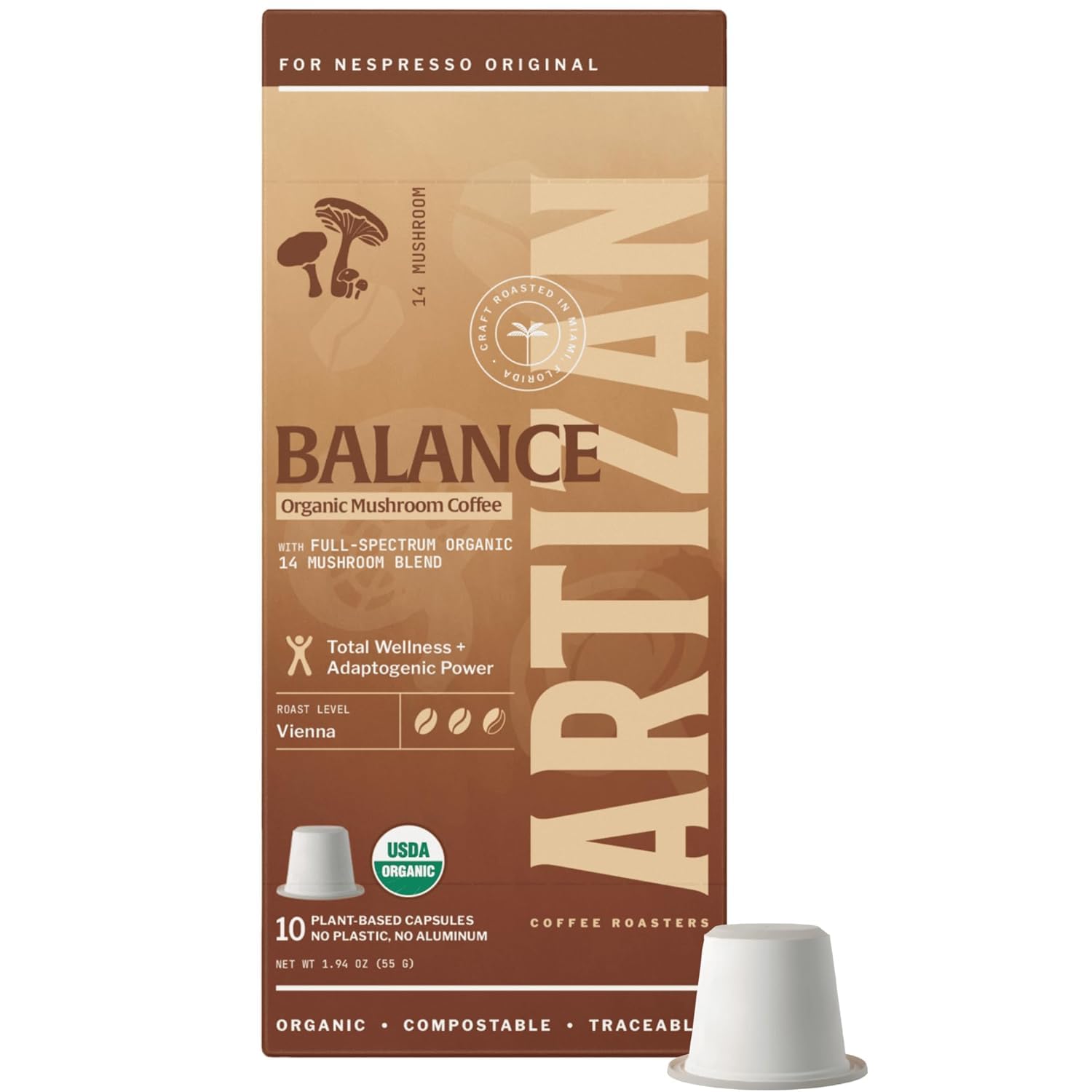 Artizan Organic 14-Mushroom Blend Coffee Pods For Nespresso Oriflavor Blendal Line | Total Wellness + Adaptogenic Power | 120 Compostable Espresso Units
